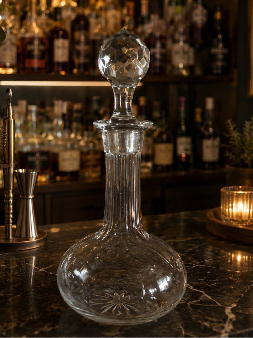 Vintage Cut Glass Decanter With Faceted Stopper Etched Starburst Design